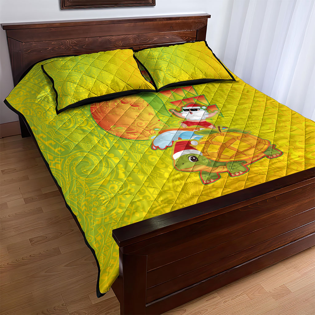Hawaiian Mango Mele Kalikimaka Quilt Bed Set Santa Claus Surfing with Turtle Mango Christmas