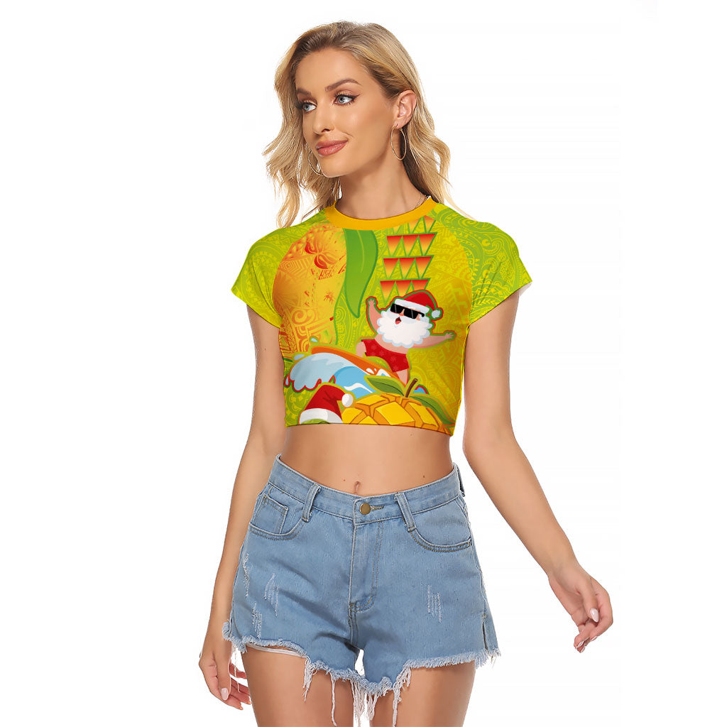 Hawaiian Mango Mele Kalikimaka Raglan Cropped T Shirt Santa Claus Surfing with Turtle Mango Christmas