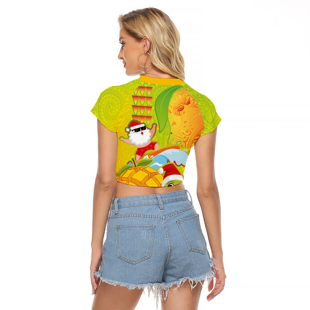 Hawaiian Mango Mele Kalikimaka Raglan Cropped T Shirt Santa Claus Surfing with Turtle Mango Christmas