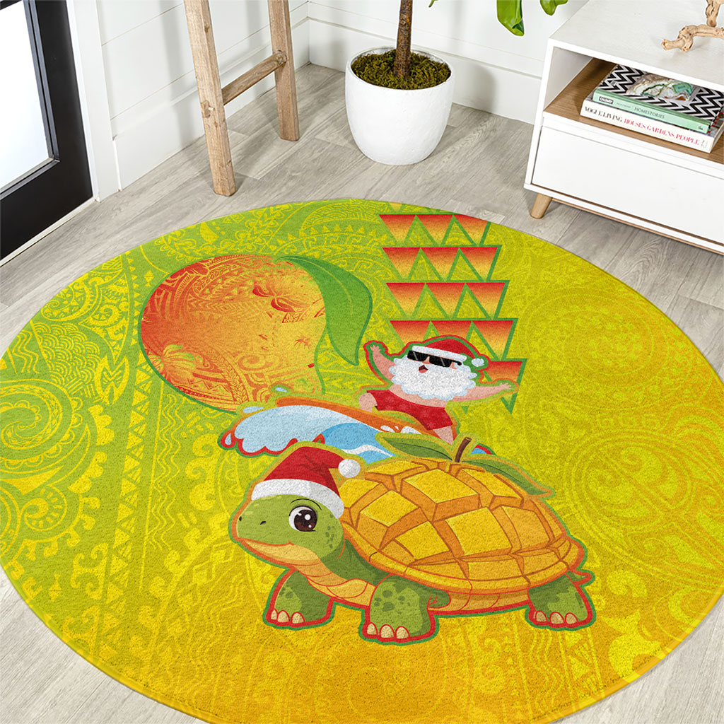 Hawaiian Mango Mele Kalikimaka Round Carpet Santa Claus Surfing with Turtle Mango Christmas