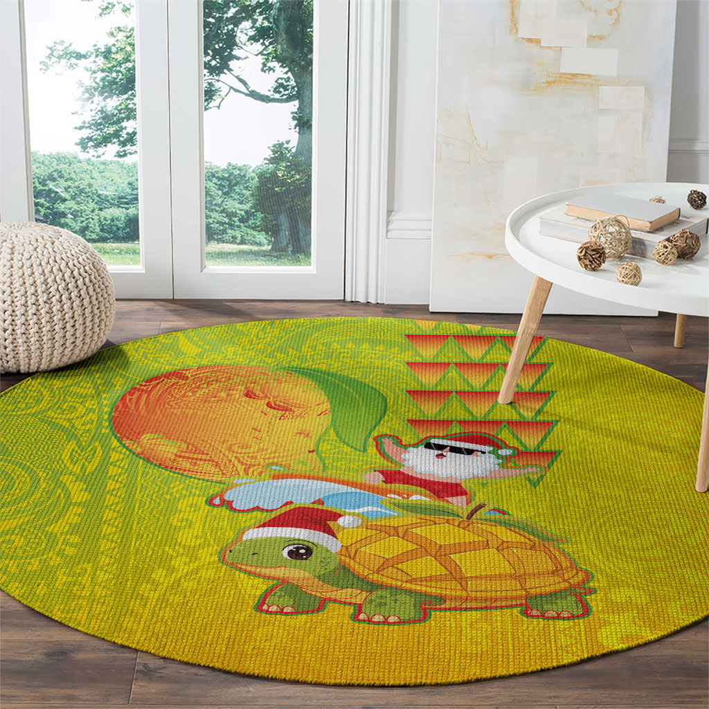 Hawaiian Mango Mele Kalikimaka Round Carpet Santa Claus Surfing with Turtle Mango Christmas
