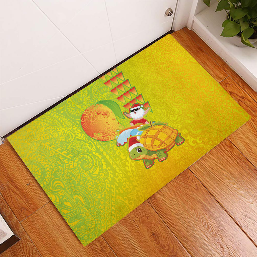 Hawaiian Mango Mele Kalikimaka Rubber Doormat Santa Claus Surfing with Turtle Mango Christmas