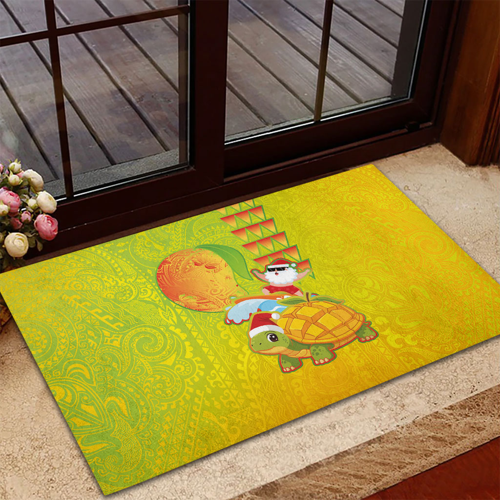 Hawaiian Mango Mele Kalikimaka Rubber Doormat Santa Claus Surfing with Turtle Mango Christmas