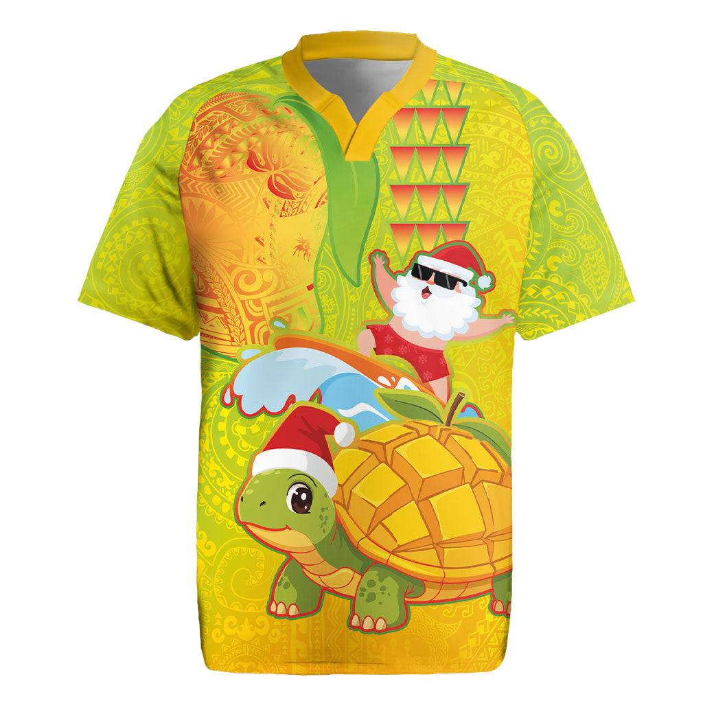 Hawaiian Mango Mele Kalikimaka Rugby Jersey Santa Claus Surfing with Turtle Mango Christmas