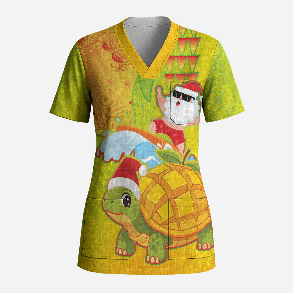 Hawaiian Mango Mele Kalikimaka Scrub Top Santa Claus Surfing with Turtle Mango Christmas