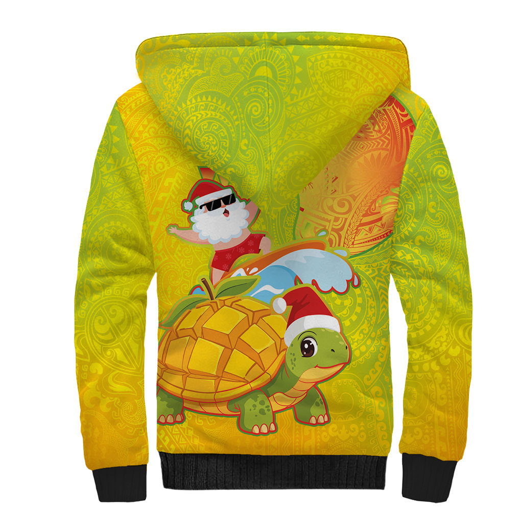 Hawaiian Mango Mele Kalikimaka Sherpa Hoodie Santa Claus Surfing with Turtle Mango Christmas