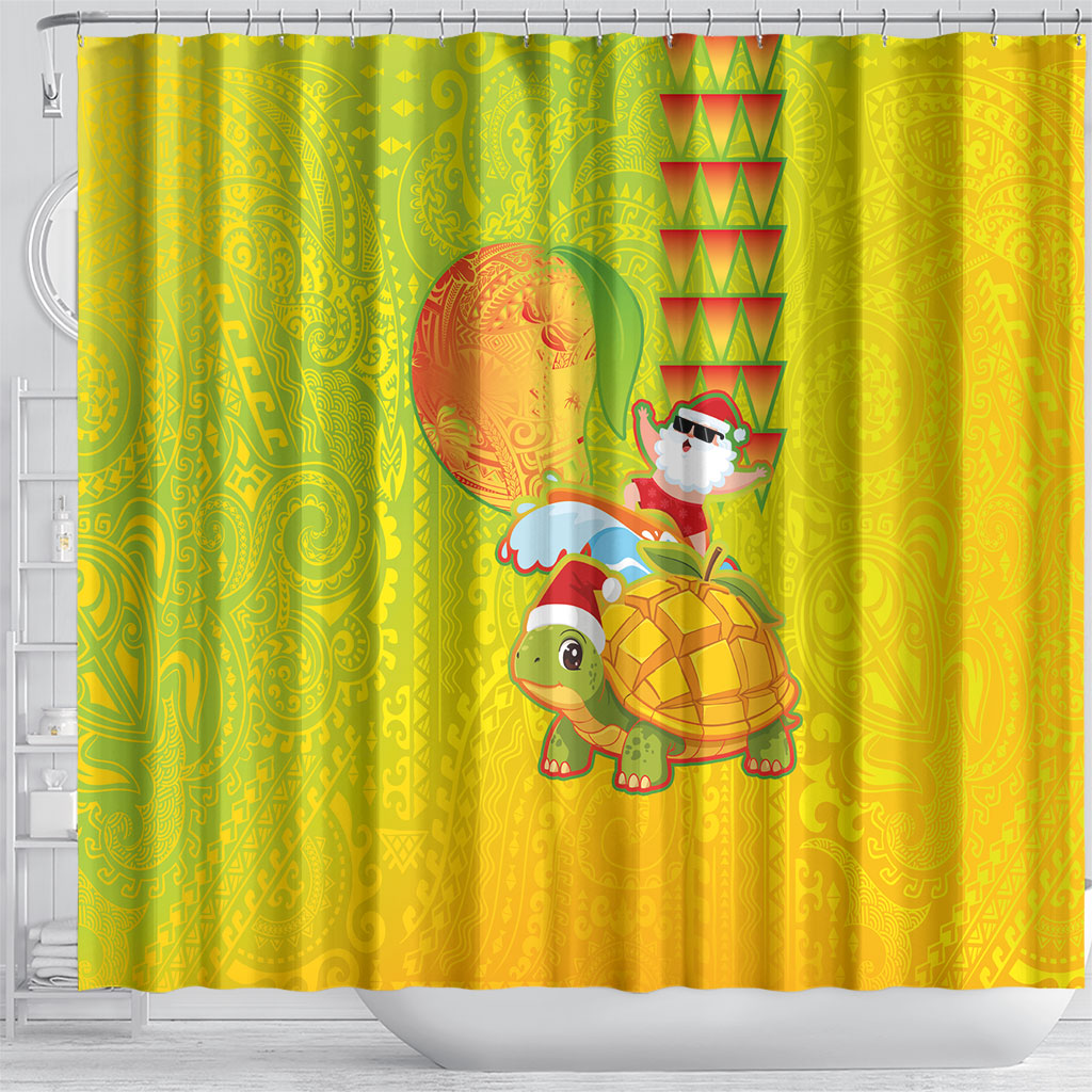Hawaiian Mango Mele Kalikimaka Shower Curtain Santa Claus Surfing with Turtle Mango Christmas