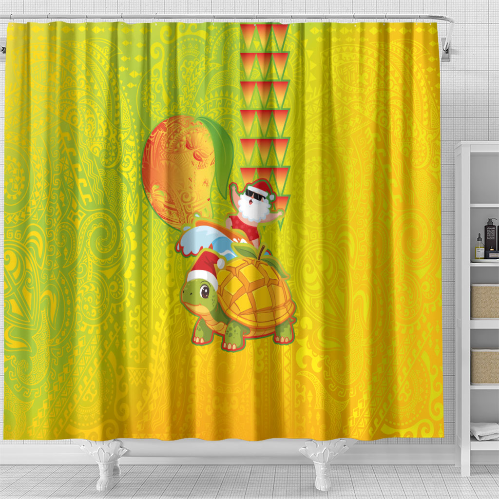 Hawaiian Mango Mele Kalikimaka Shower Curtain Santa Claus Surfing with Turtle Mango Christmas