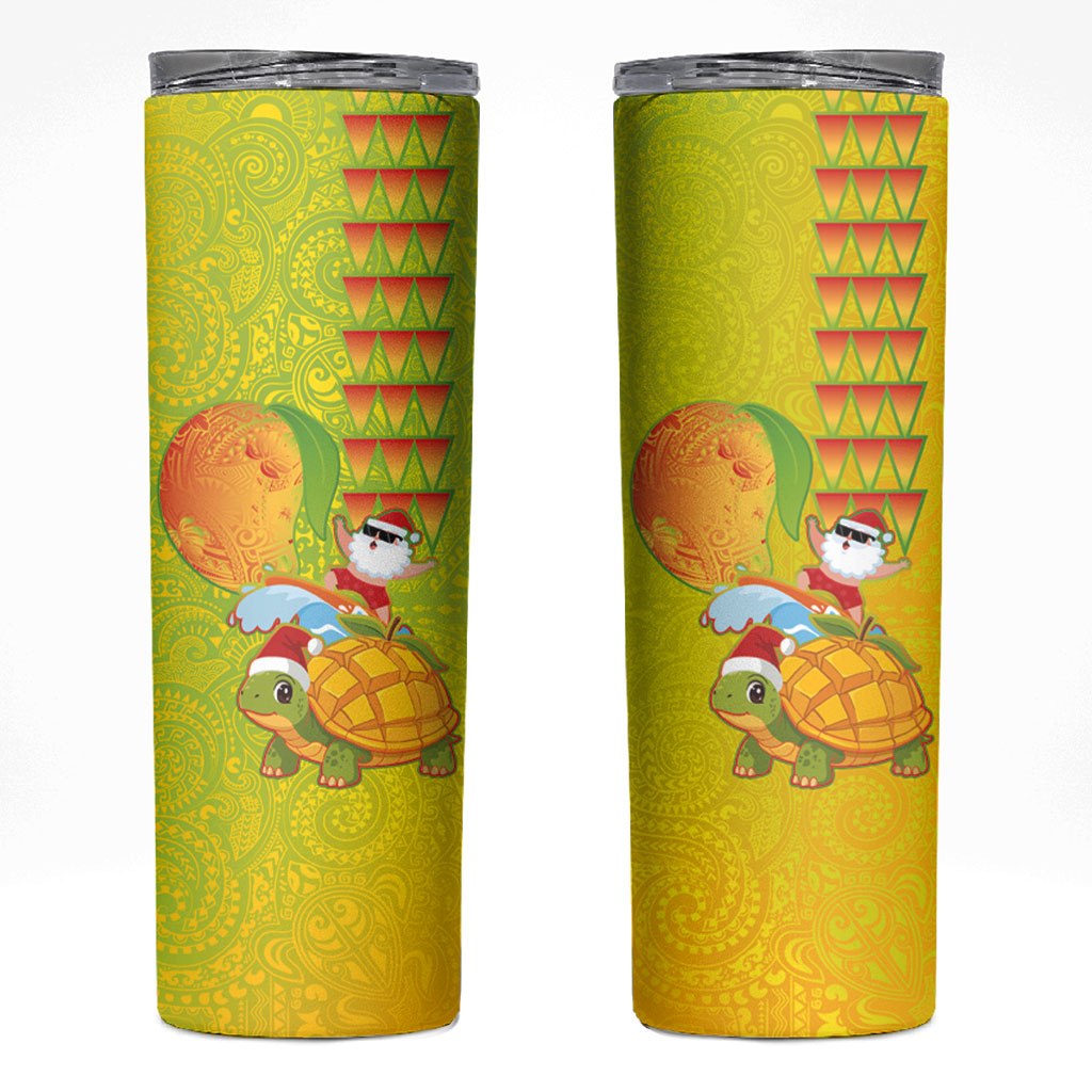 Hawaiian Mango Mele Kalikimaka Skinny Tumbler Santa Claus Surfing with Turtle Mango Christmas