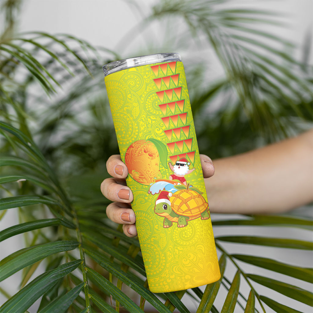 Hawaiian Mango Mele Kalikimaka Skinny Tumbler Santa Claus Surfing with Turtle Mango Christmas