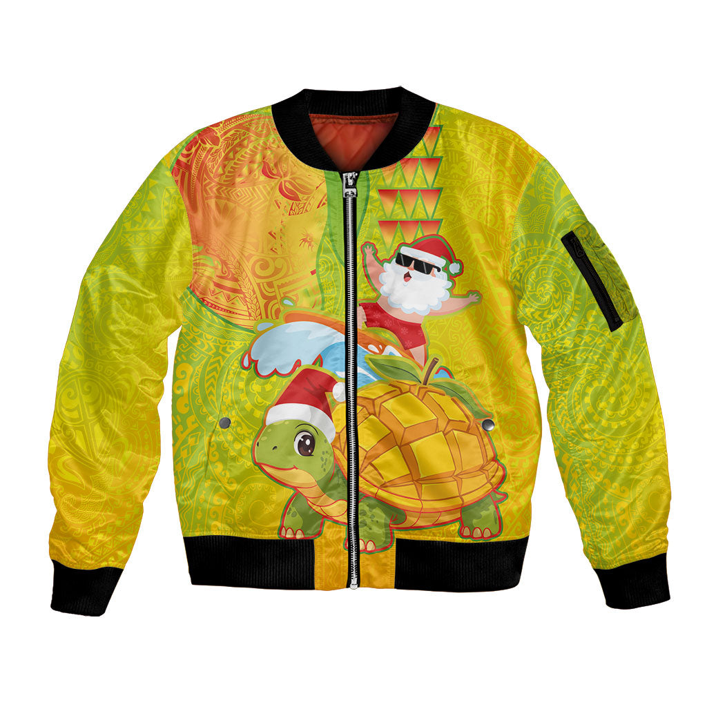 Hawaiian Mango Mele Kalikimaka Sleeve Zip Bomber Jacket Santa Claus Surfing with Turtle Mango Christmas