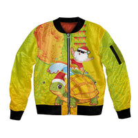 Hawaiian Mango Mele Kalikimaka Sleeve Zip Bomber Jacket Santa Claus Surfing with Turtle Mango Christmas