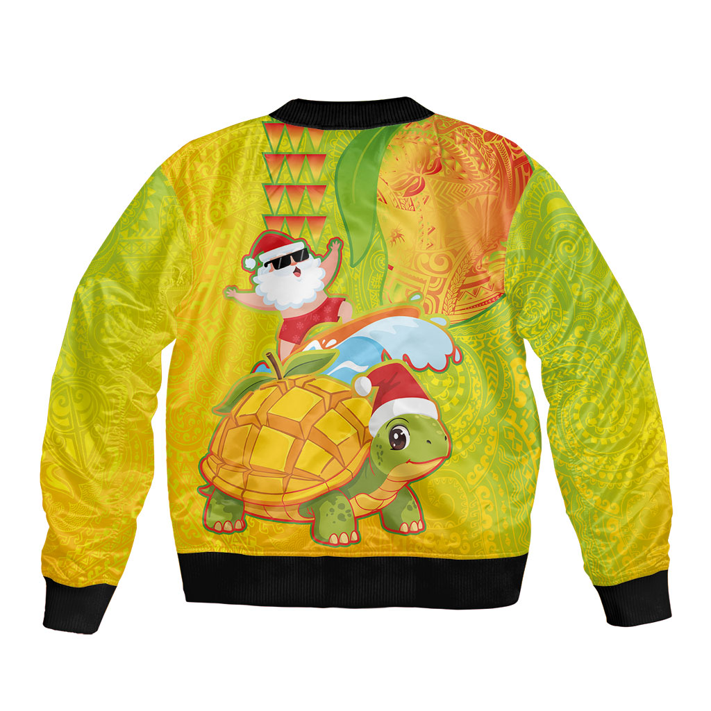 Hawaiian Mango Mele Kalikimaka Sleeve Zip Bomber Jacket Santa Claus Surfing with Turtle Mango Christmas