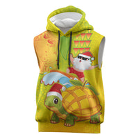 Hawaiian Mango Mele Kalikimaka Sleeveless Hoodie Santa Claus Surfing with Turtle Mango Christmas