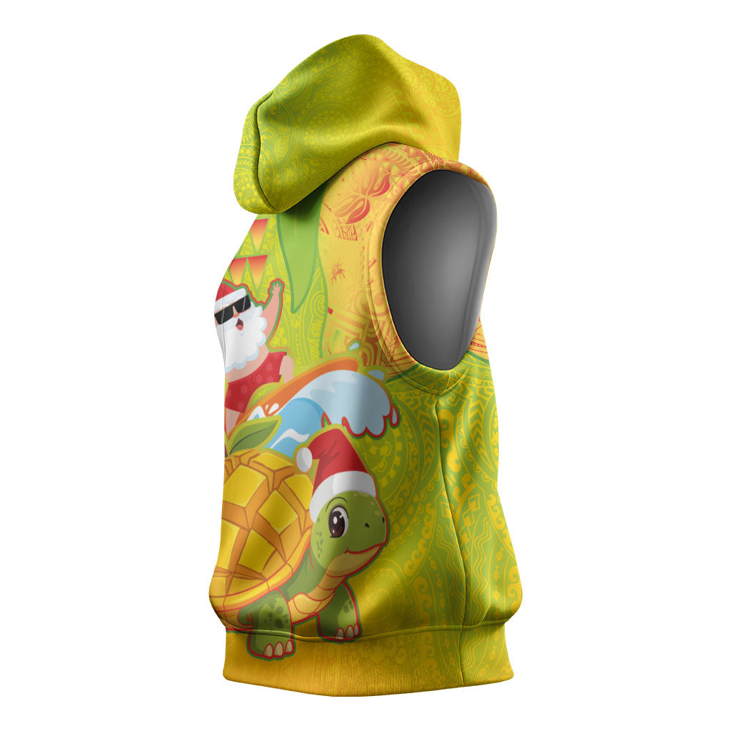 Hawaiian Mango Mele Kalikimaka Sleeveless Hoodie Santa Claus Surfing with Turtle Mango Christmas