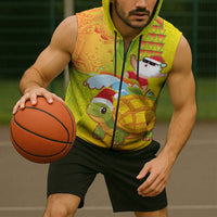 Hawaiian Mango Mele Kalikimaka Sleeveless Zip Hoodie Santa Claus Surfing with Turtle Mango Christmas