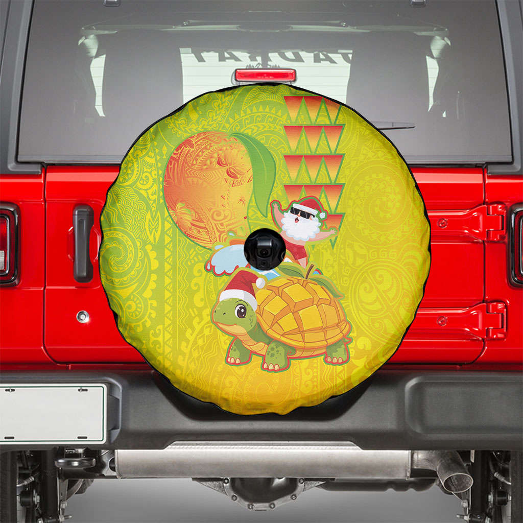 Hawaiian Mango Mele Kalikimaka Spare Tire Cover Santa Claus Surfing with Turtle Mango Christmas