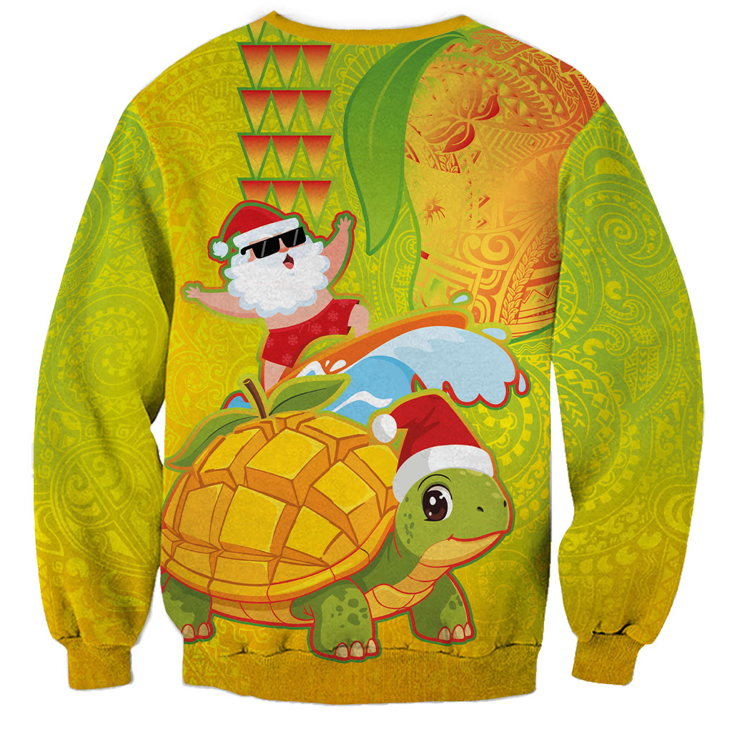 Hawaiian Mango Mele Kalikimaka Sweatshirt Santa Claus Surfing with Turtle Mango Christmas