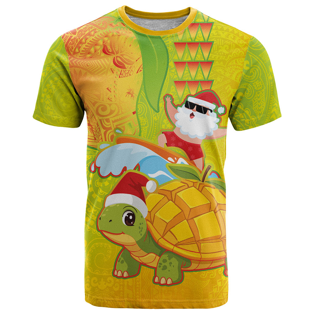Hawaiian Mango Mele Kalikimaka T Shirt Santa Claus Surfing with Turtle Mango Christmas