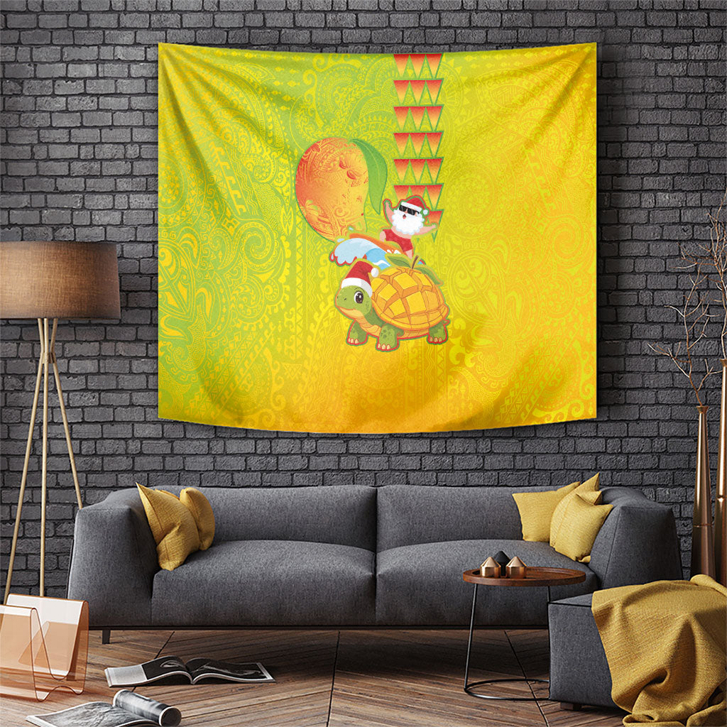 Hawaiian Mango Mele Kalikimaka Tapestry Santa Claus Surfing with Turtle Mango Christmas