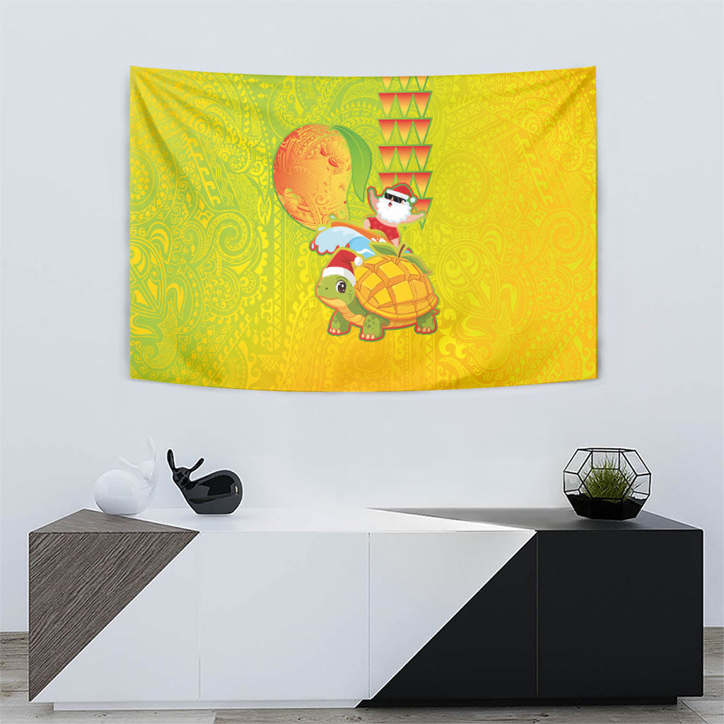 Hawaiian Mango Mele Kalikimaka Tapestry Santa Claus Surfing with Turtle Mango Christmas