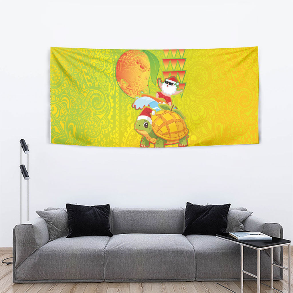 Hawaiian Mango Mele Kalikimaka Tapestry Santa Claus Surfing with Turtle Mango Christmas