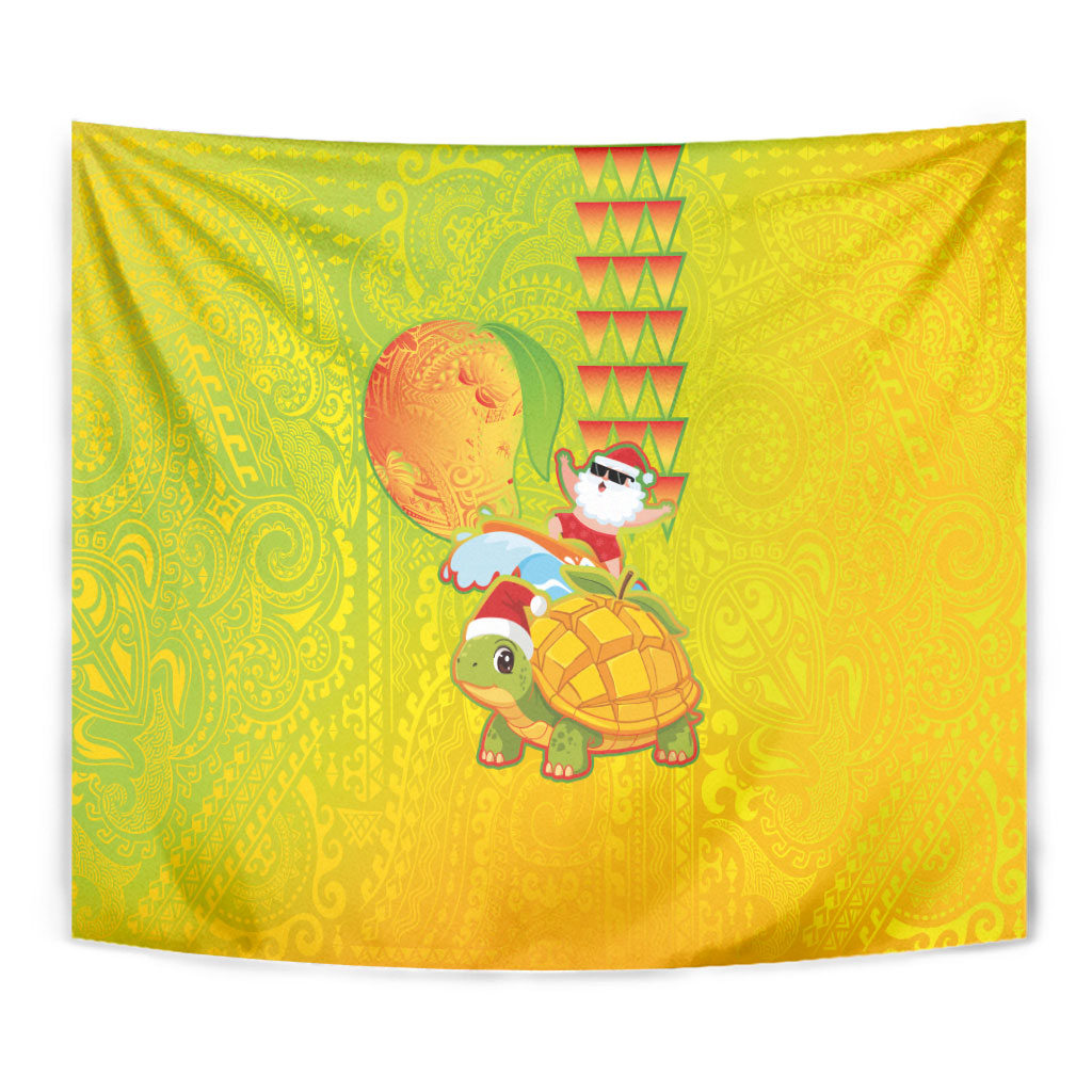 Hawaiian Mango Mele Kalikimaka Tapestry Santa Claus Surfing with Turtle Mango Christmas