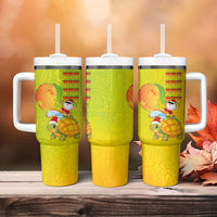 Hawaiian Mango Mele Kalikimaka Tumbler With Handle Santa Claus Surfing with Turtle Mango Christmas