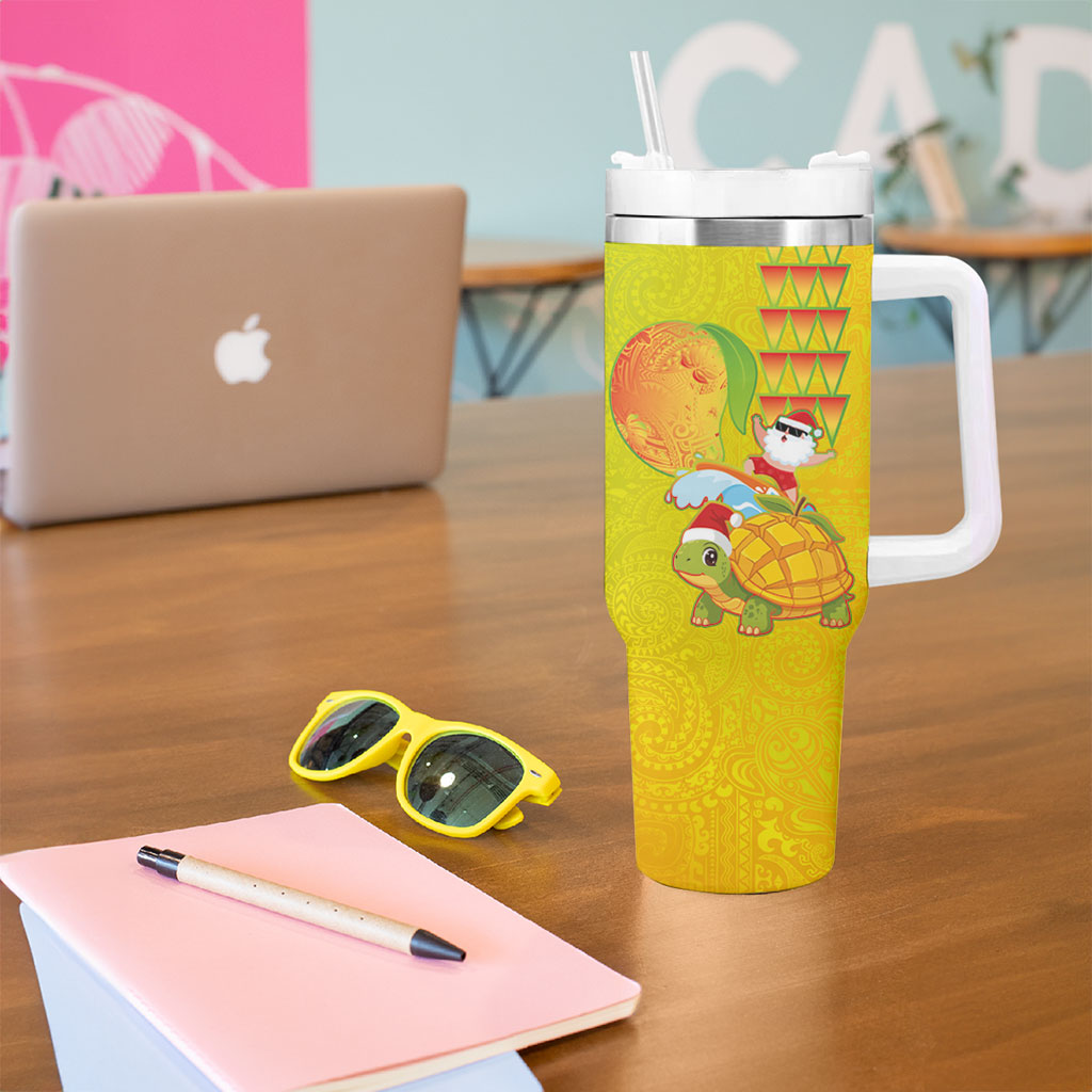 Hawaiian Mango Mele Kalikimaka Tumbler With Handle Santa Claus Surfing with Turtle Mango Christmas