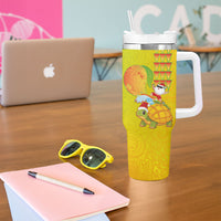 Hawaiian Mango Mele Kalikimaka Tumbler With Handle Santa Claus Surfing with Turtle Mango Christmas