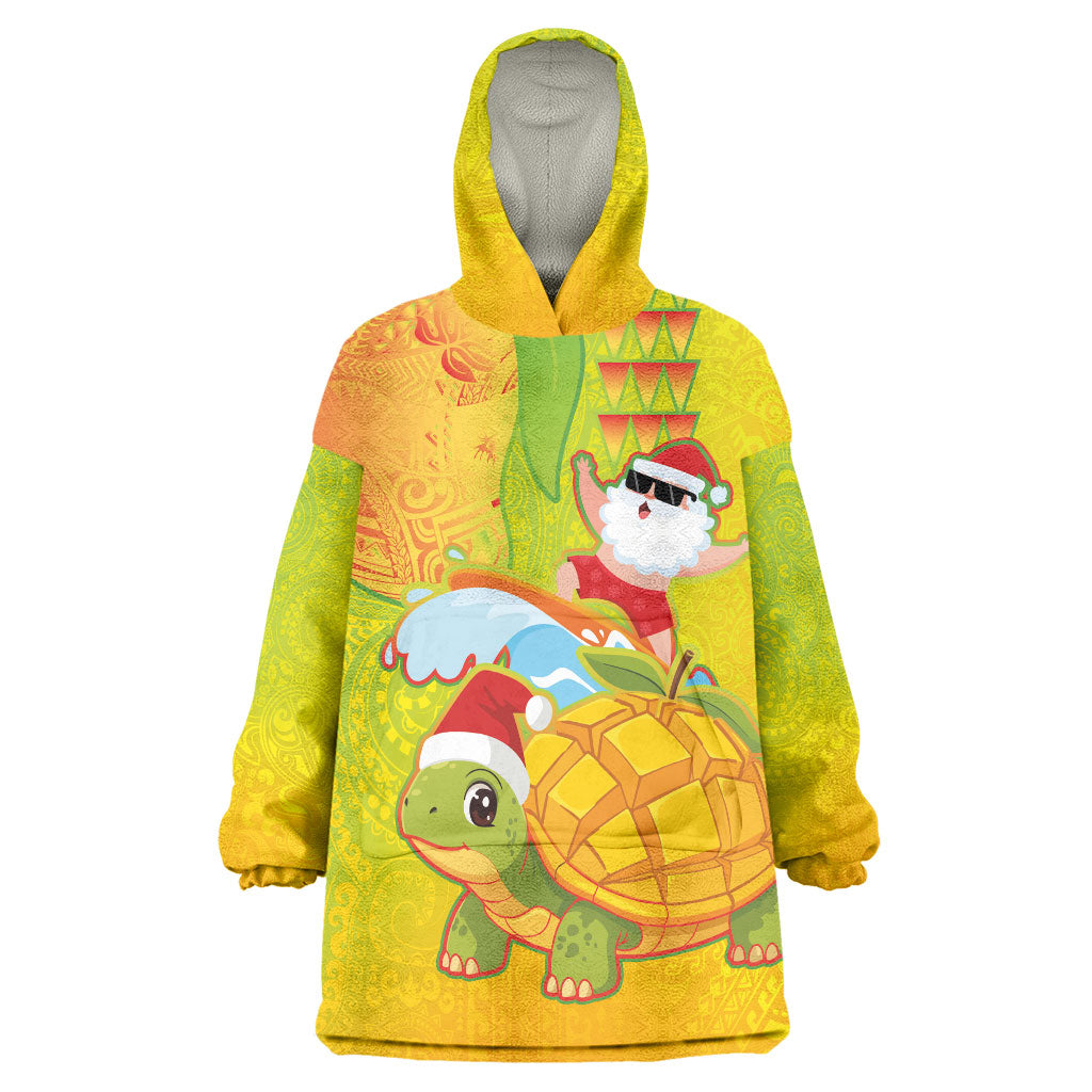 Hawaiian Mango Mele Kalikimaka Wearable Blanket Hoodie Santa Claus Surfing with Turtle Mango Christmas