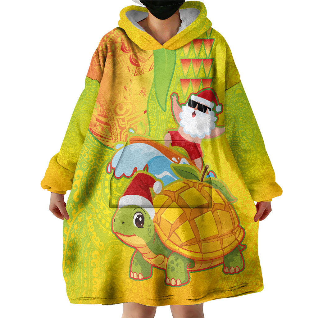 Hawaiian Mango Mele Kalikimaka Wearable Blanket Hoodie Santa Claus Surfing with Turtle Mango Christmas