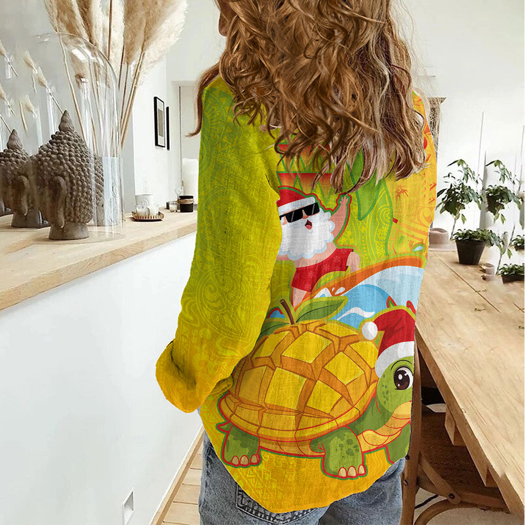 Hawaiian Mango Mele Kalikimaka Women Casual Shirt Santa Claus Surfing with Turtle Mango Christmas