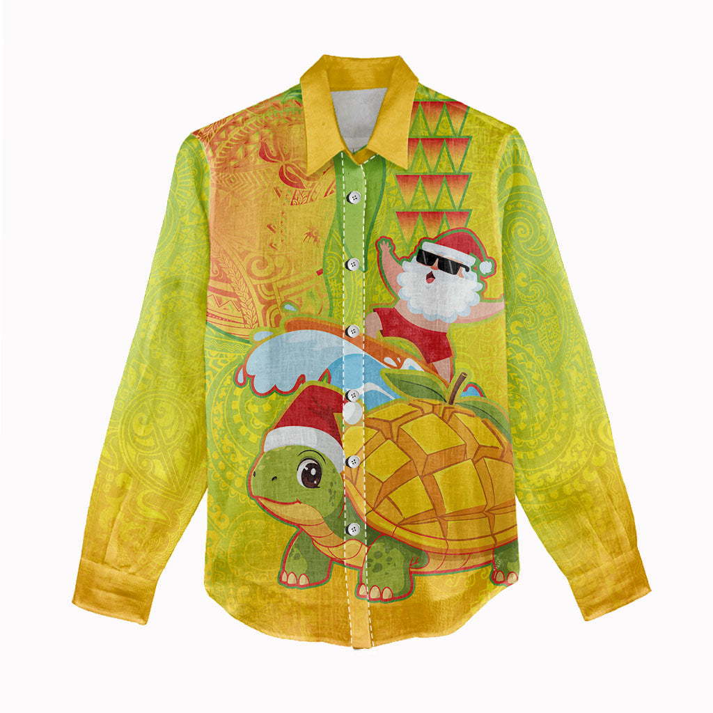 Hawaiian Mango Mele Kalikimaka Women Casual Shirt Santa Claus Surfing with Turtle Mango Christmas