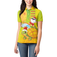 Hawaiian Mango Mele Kalikimaka Women Polo Shirt Santa Claus Surfing with Turtle Mango Christmas