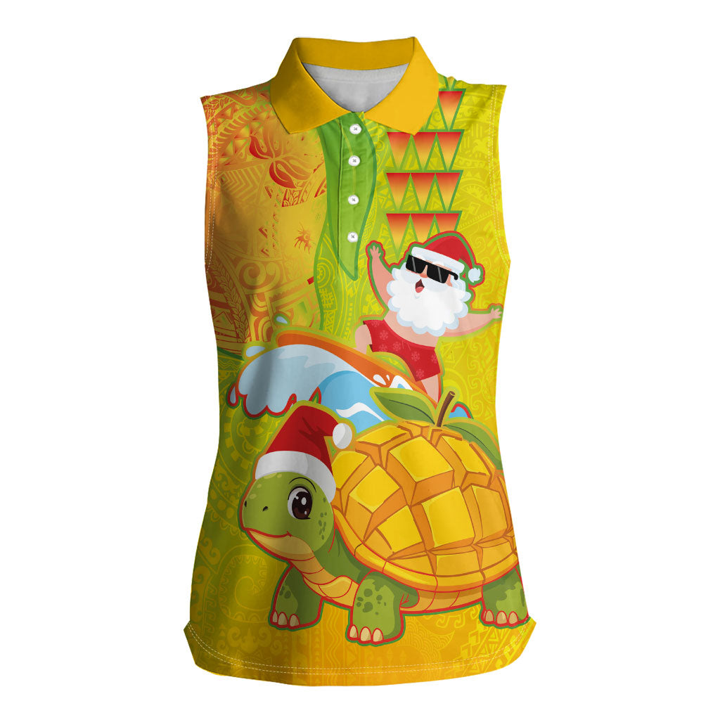 Hawaiian Mango Mele Kalikimaka Women Sleeveless Polo Shirt Santa Claus Surfing with Turtle Mango Christmas