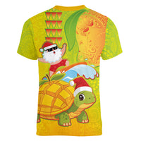 Hawaiian Mango Mele Kalikimaka Women V-Neck T-Shirt Santa Claus Surfing with Turtle Mango Christmas