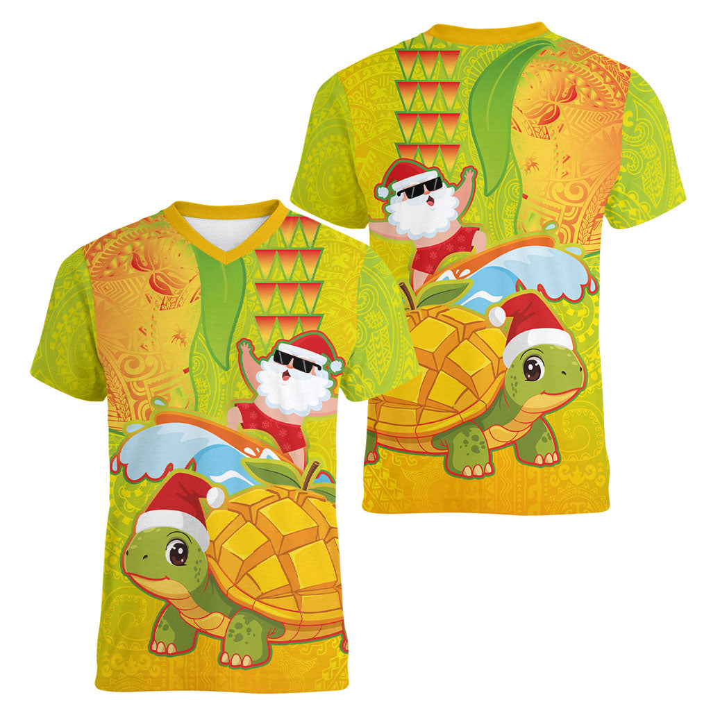Hawaiian Mango Mele Kalikimaka Women V-Neck T-Shirt Santa Claus Surfing with Turtle Mango Christmas