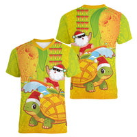 Hawaiian Mango Mele Kalikimaka Women V-Neck T-Shirt Santa Claus Surfing with Turtle Mango Christmas