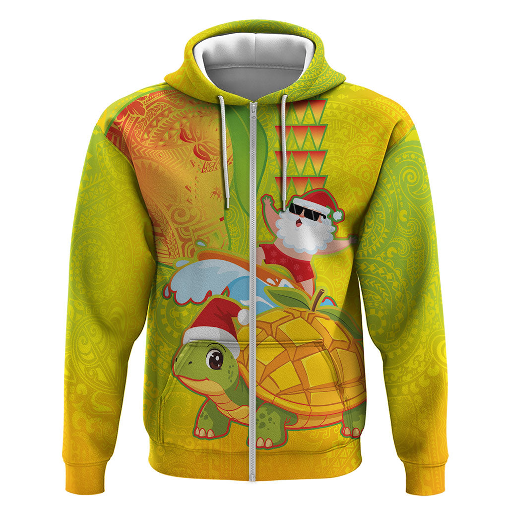 Hawaiian Mango Mele Kalikimaka Zip Hoodie Santa Claus Surfing with Turtle Mango Christmas