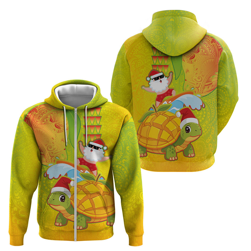 Hawaiian Mango Mele Kalikimaka Zip Hoodie Santa Claus Surfing with Turtle Mango Christmas