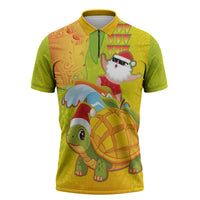Hawaiian Mango Mele Kalikimaka Zipper Polo Shirt Santa Claus Surfing with Turtle Mango Christmas