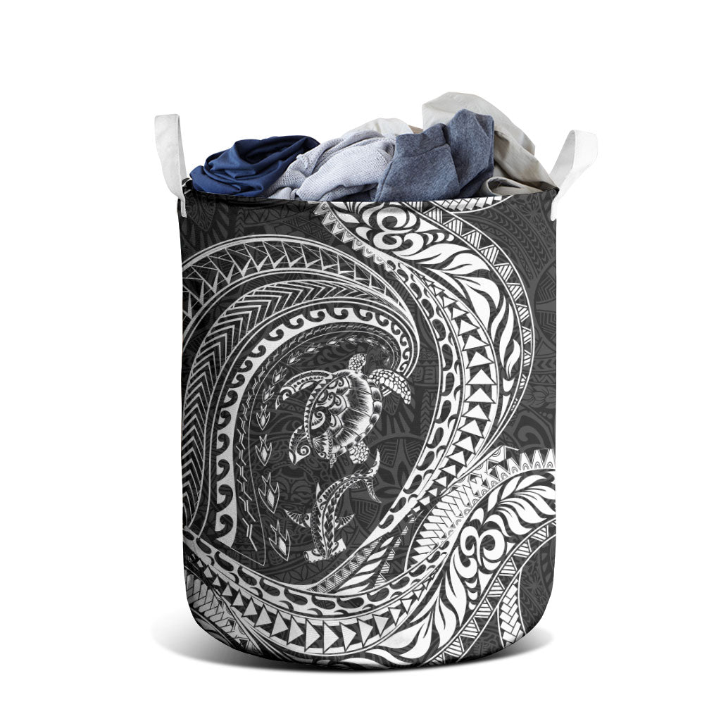 Hawaiian Turtle and Shark Laundry Basket Kakau Tribal with Polynesian Pattern Black Color