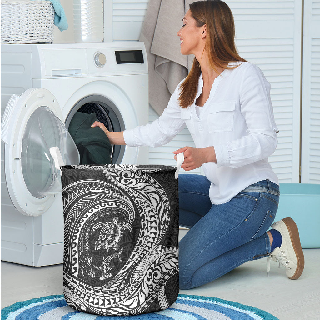 Hawaiian Turtle and Shark Laundry Basket Kakau Tribal with Polynesian Pattern Black Color