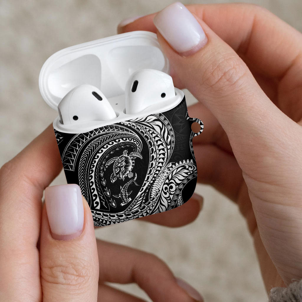 Hawaiian Turtle and Shark AirPods Case Kakau Tribal with Polynesian Pattern Black Color