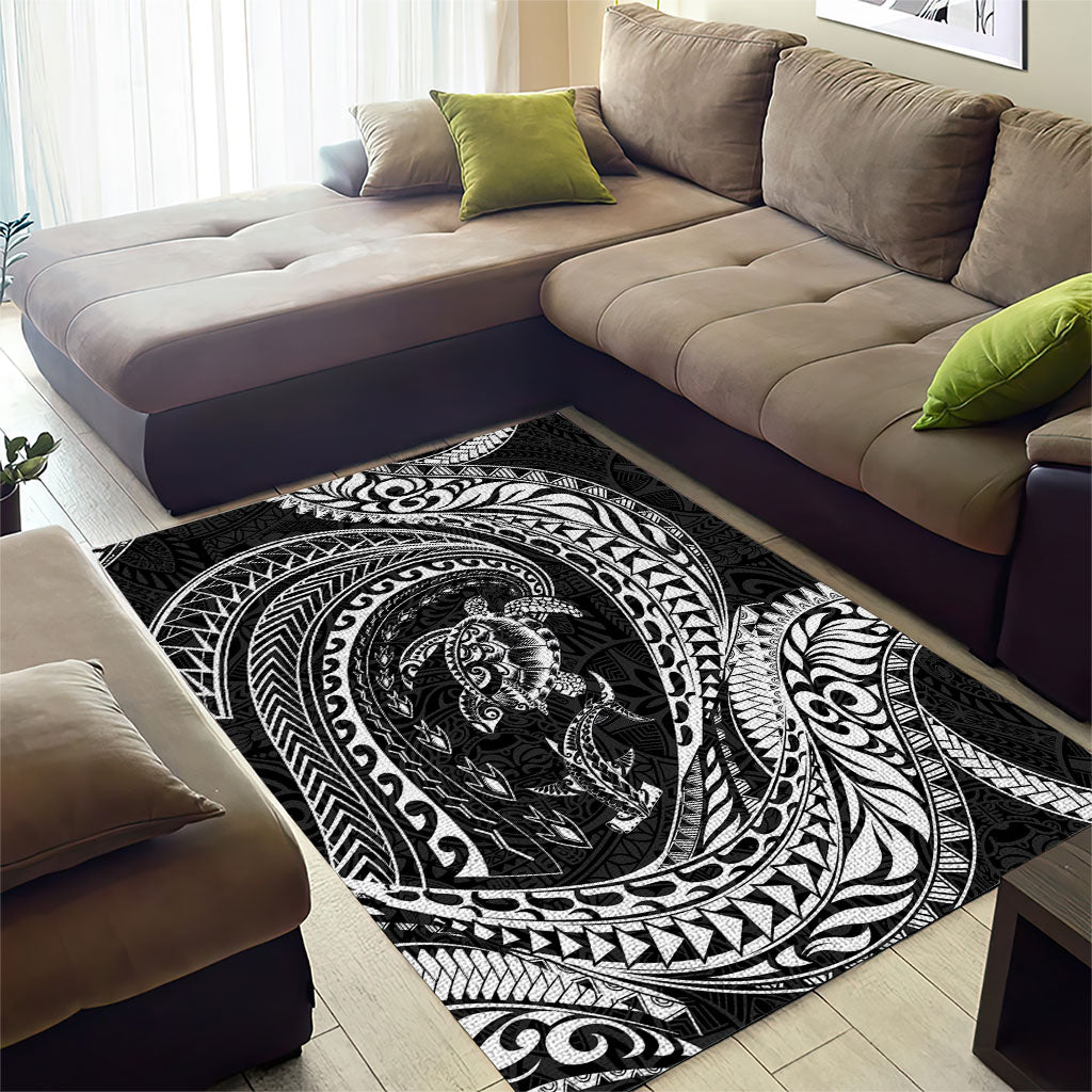 Hawaiian Turtle and Shark Area Rug Kakau Tribal with Polynesian Pattern Black Color