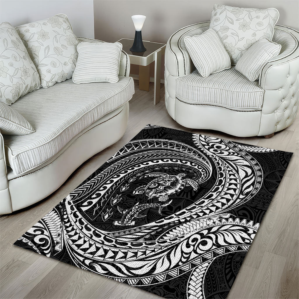 Hawaiian Turtle and Shark Area Rug Kakau Tribal with Polynesian Pattern Black Color