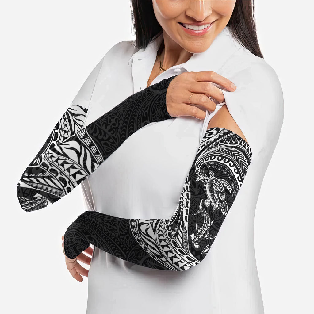 Hawaiian Turtle and Shark Arm Sleeves Kakau Tribal with Polynesian Pattern Black Color