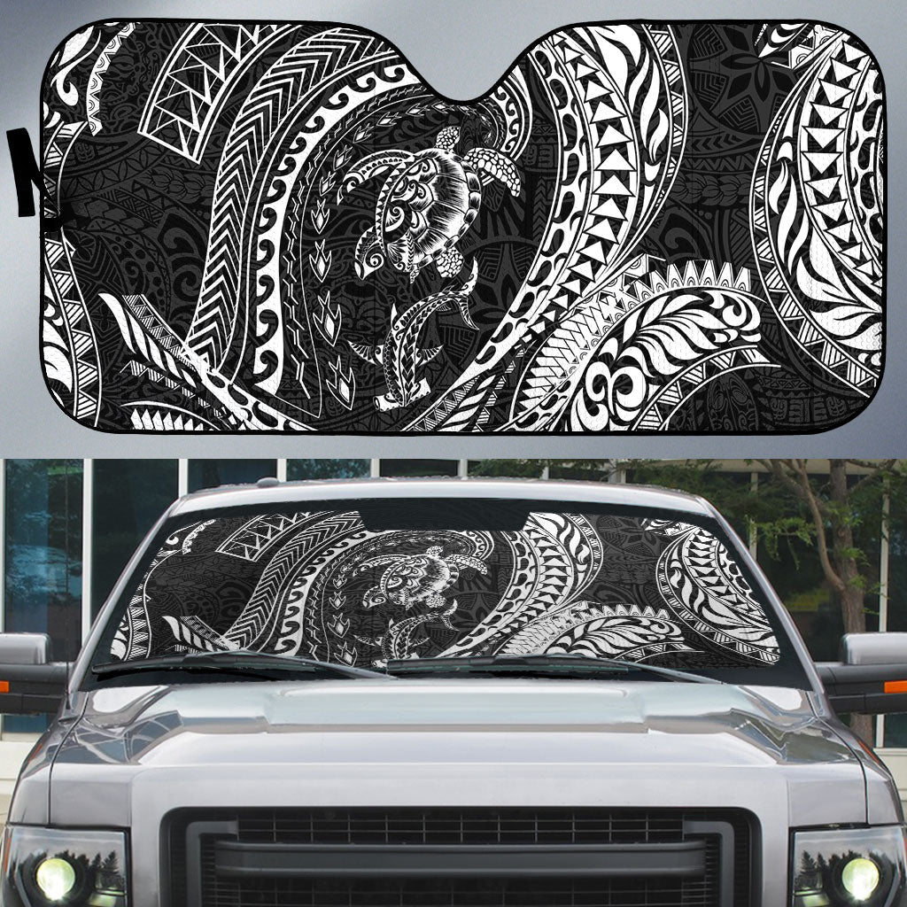 Hawaiian Turtle and Shark Auto Sun Shade Kakau Tribal with Polynesian Pattern Black Color
