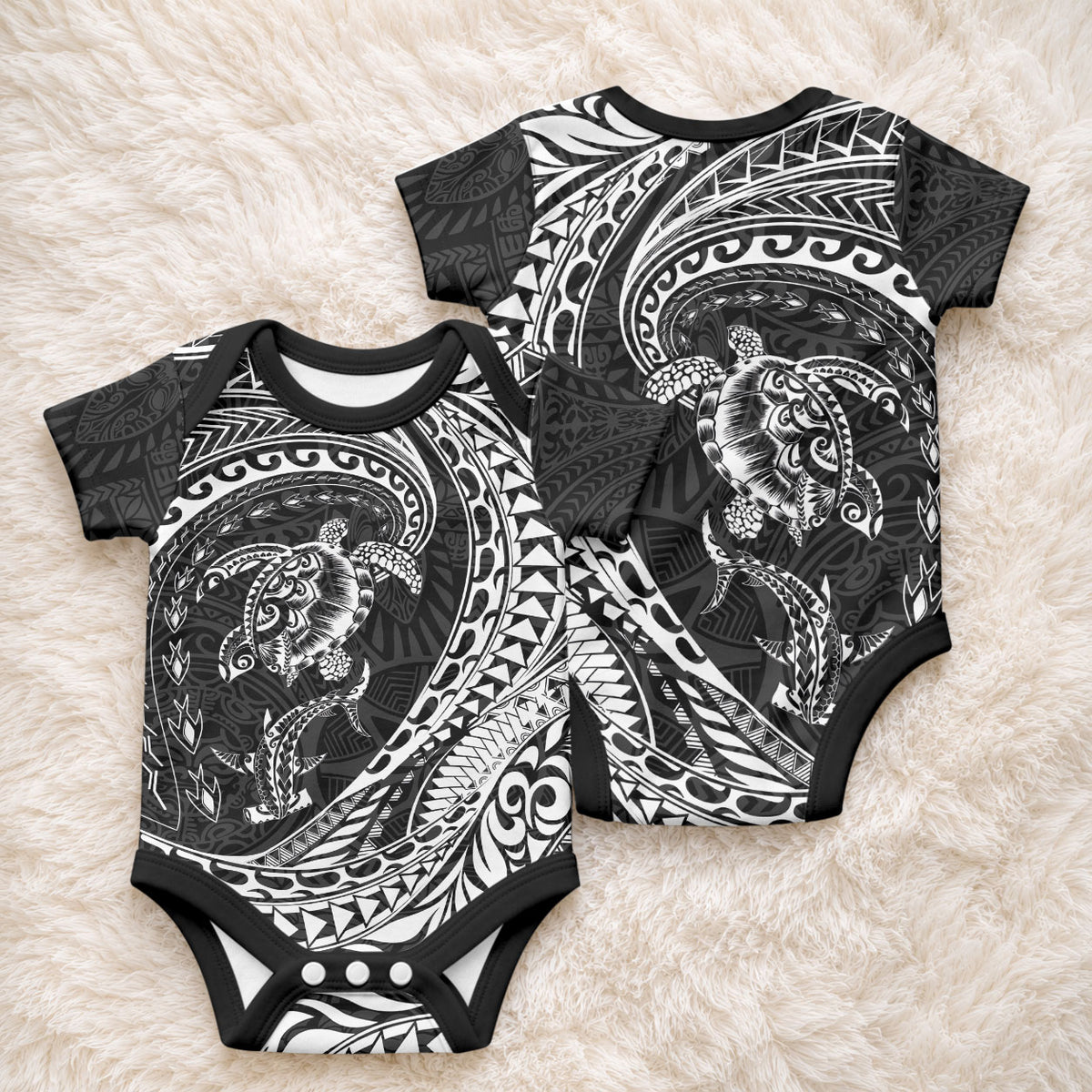 Hawaiian Turtle and Shark Baby Onesie Kakau Tribal with Polynesian Pattern Black Color LT03 - Polynesian Pride